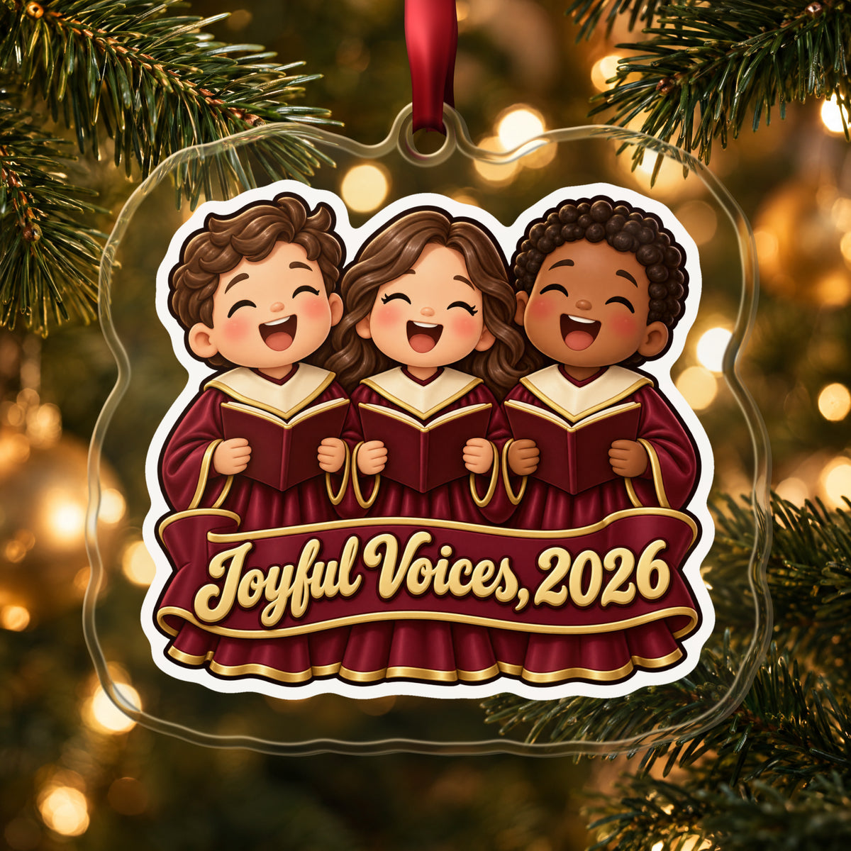 Joyful Voices 2026 Choir clear acrylic Christmas ornament hanging on a lit Christmas tree with warm gold lights