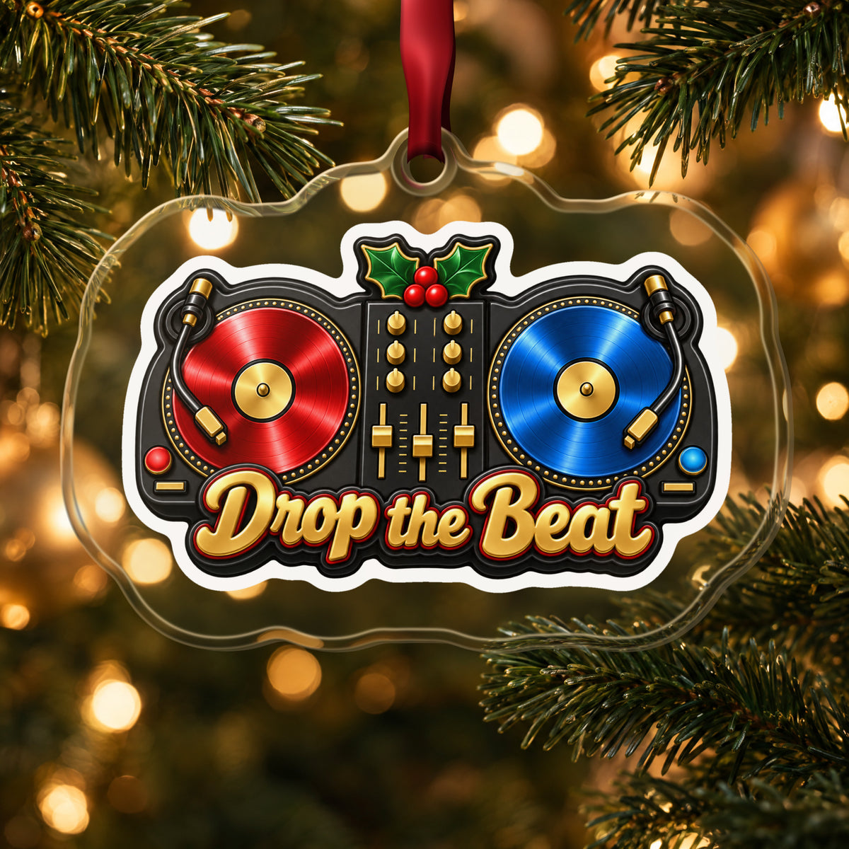 Drop the Beat DJ Turntables clear acrylic Christmas ornament hanging on a lit Christmas tree with warm gold lights