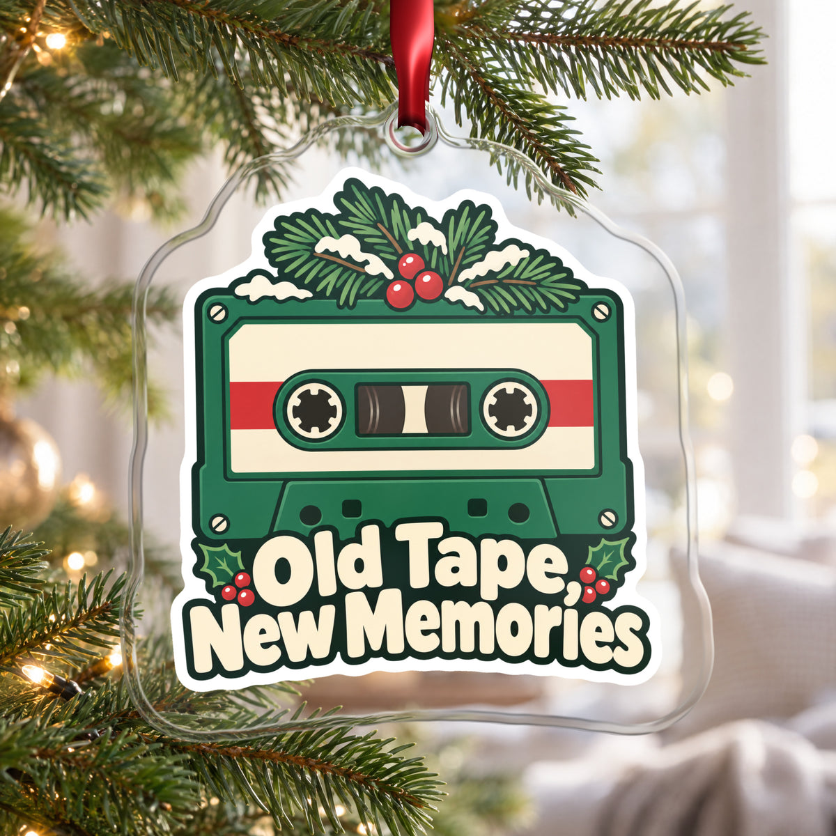 Old Tape, New Memories Cassette clear acrylic Christmas ornament hanging on a Christmas tree by a bright window