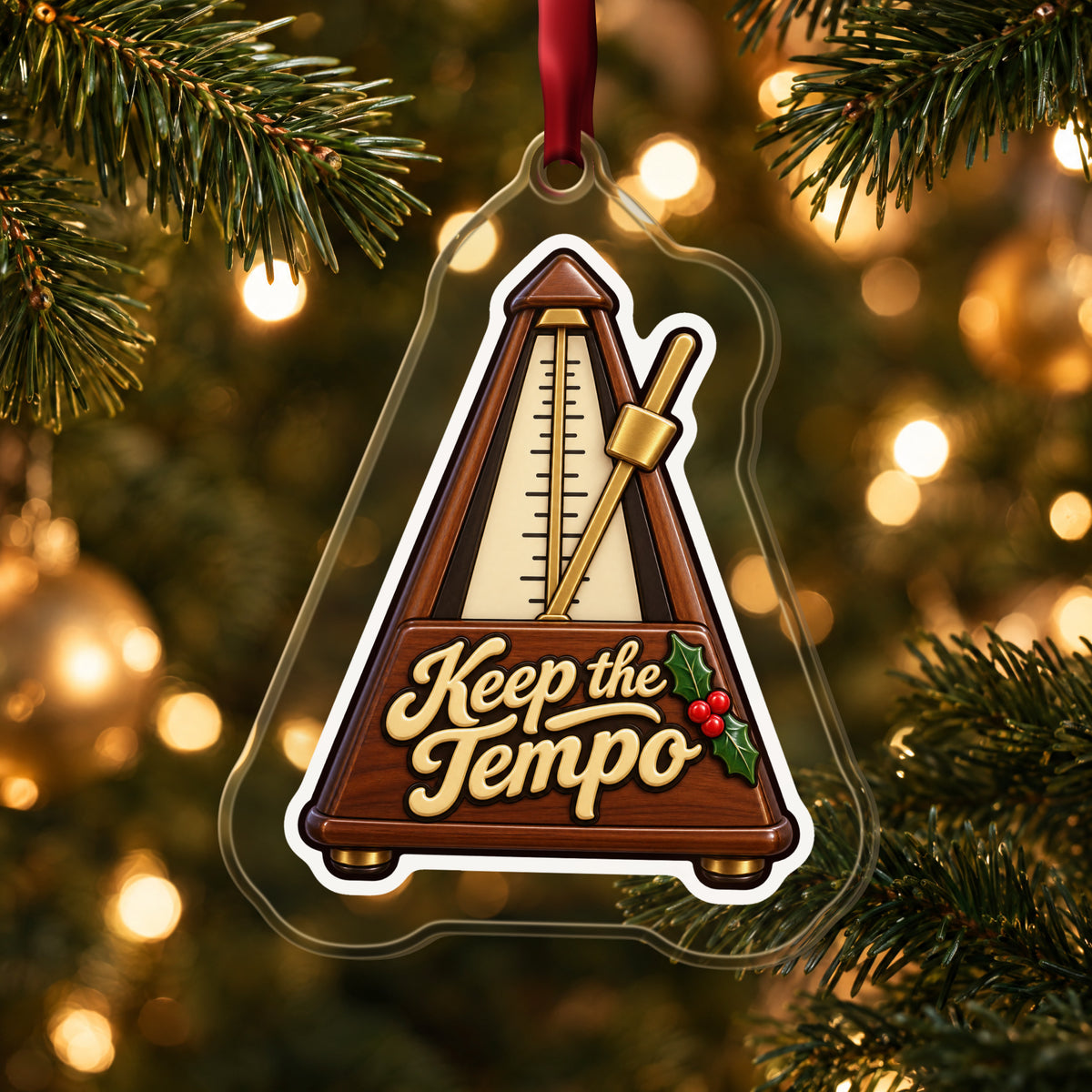 Keep the Tempo Metronome clear acrylic Christmas ornament hanging on a lit Christmas tree with warm gold lights