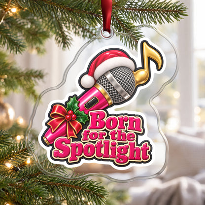 Born for the Spotlight Karaoke Mic clear acrylic Christmas ornament hanging on a Christmas tree by a bright window