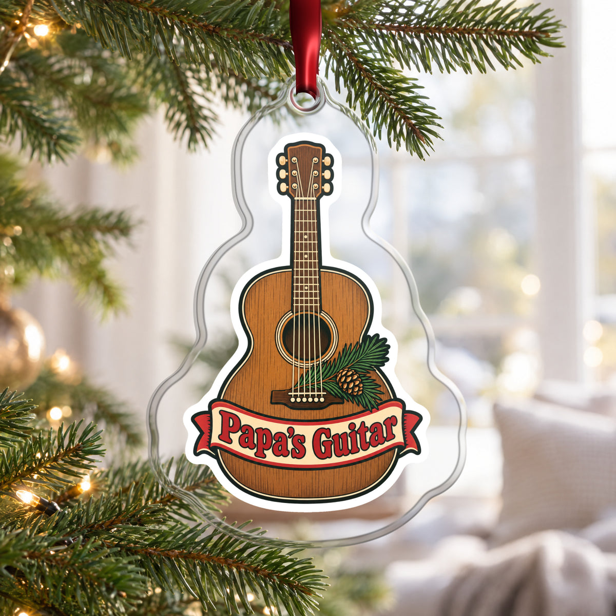 Papa's Guitar Christmas Ornament for Grandpa clear acrylic Christmas ornament hanging on a Christmas tree by a bright window