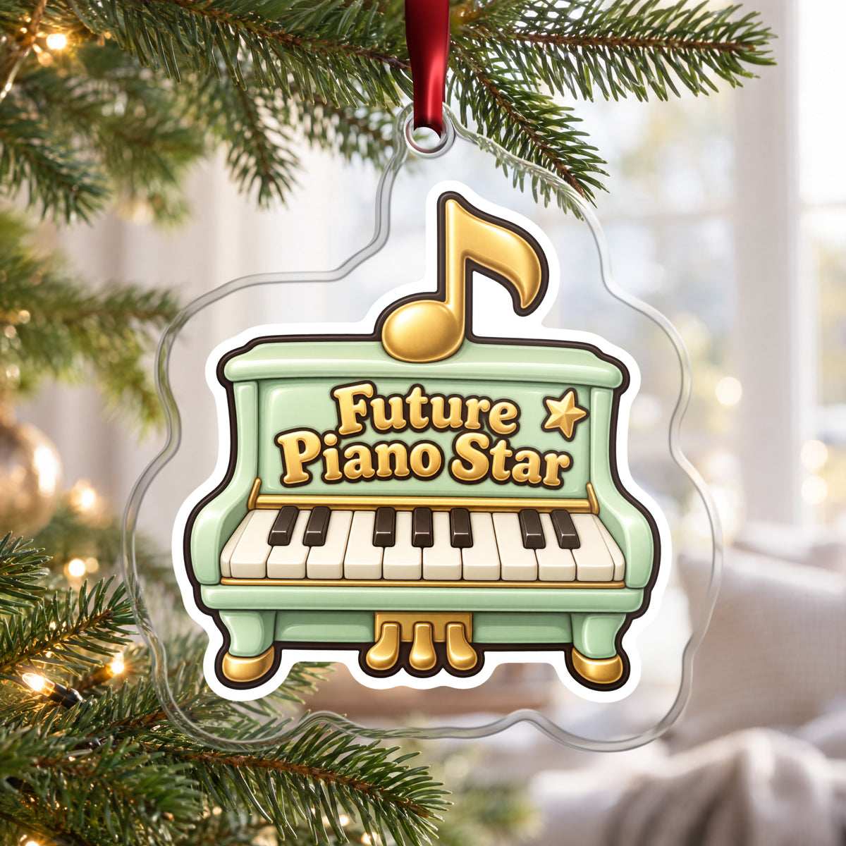 Future Piano Star clear acrylic Christmas ornament hanging on a Christmas tree by a bright window