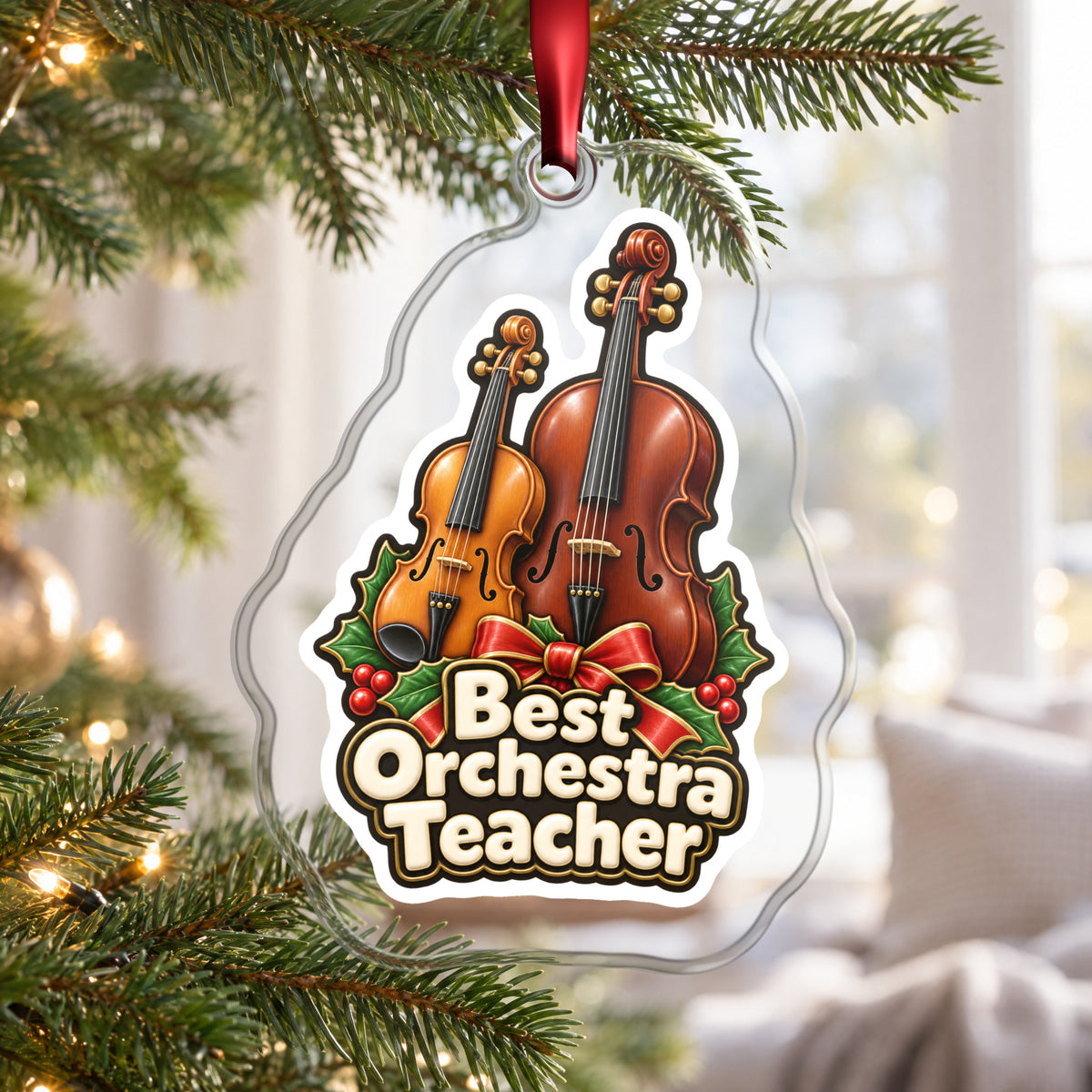 Best Orchestra Teacher clear acrylic Christmas ornament hanging on a Christmas tree by a bright window