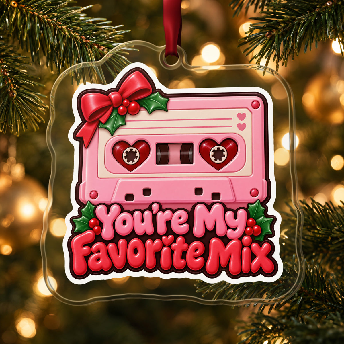 You're My Favorite Mix Cassette clear acrylic Christmas ornament hanging on a lit Christmas tree with warm gold lights