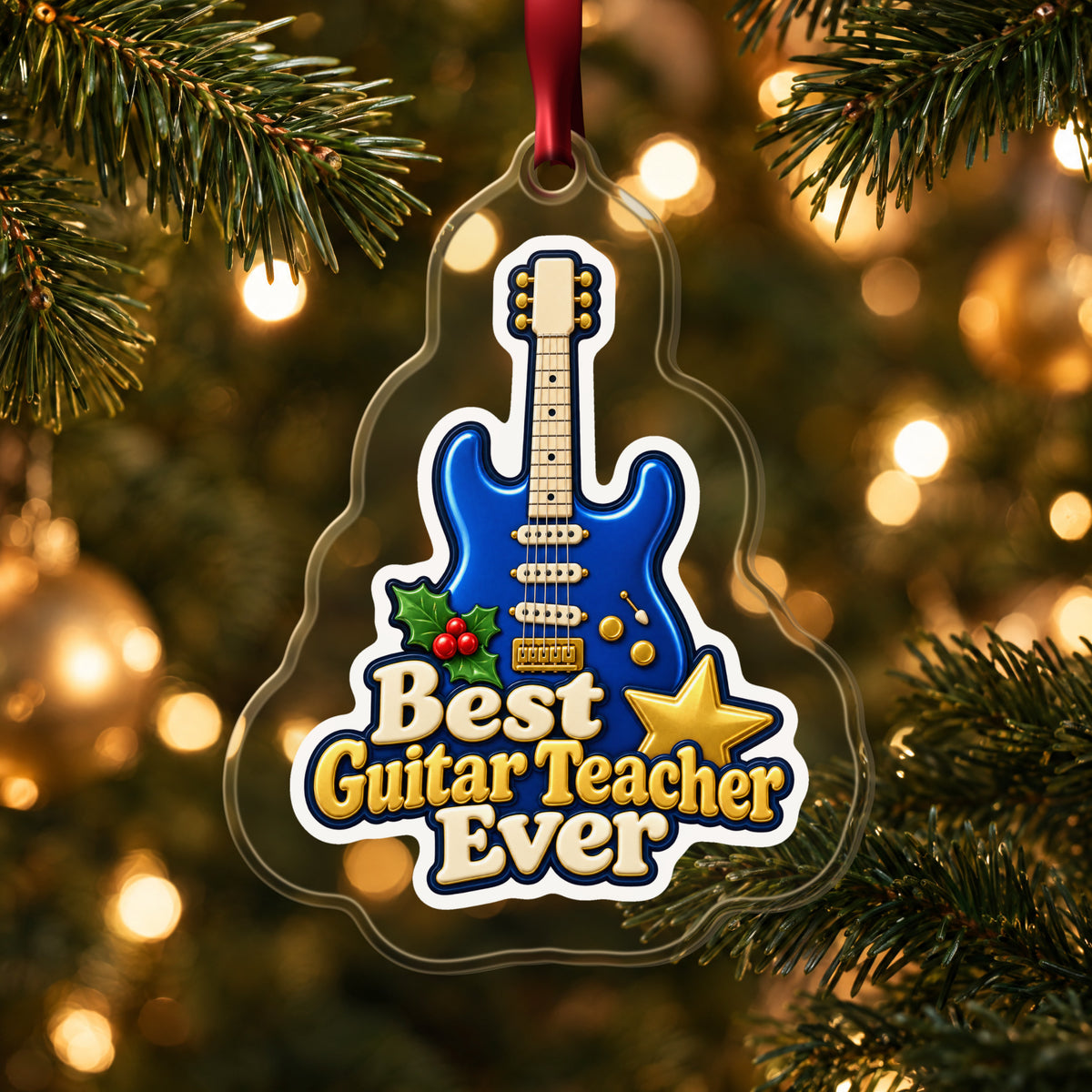 Best Guitar Teacher Ever clear acrylic Christmas ornament hanging on a lit Christmas tree with warm gold lights