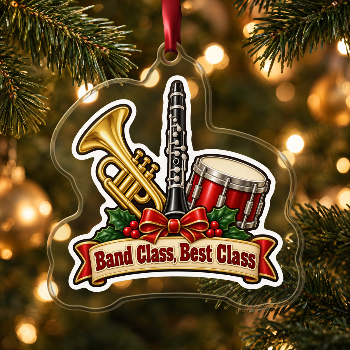 Band Class, Best Class School Band clear acrylic Christmas ornament hanging on a lit Christmas tree with warm gold lights