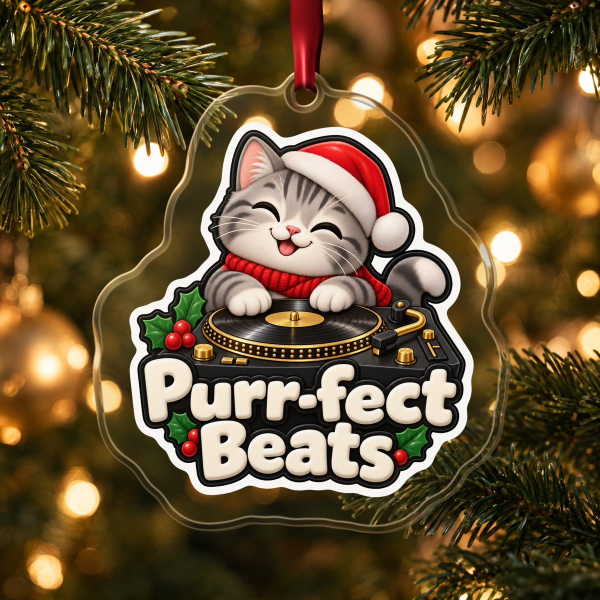 Purr-fect Beats Cat DJ clear acrylic Christmas ornament hanging on a lit Christmas tree with warm gold lights