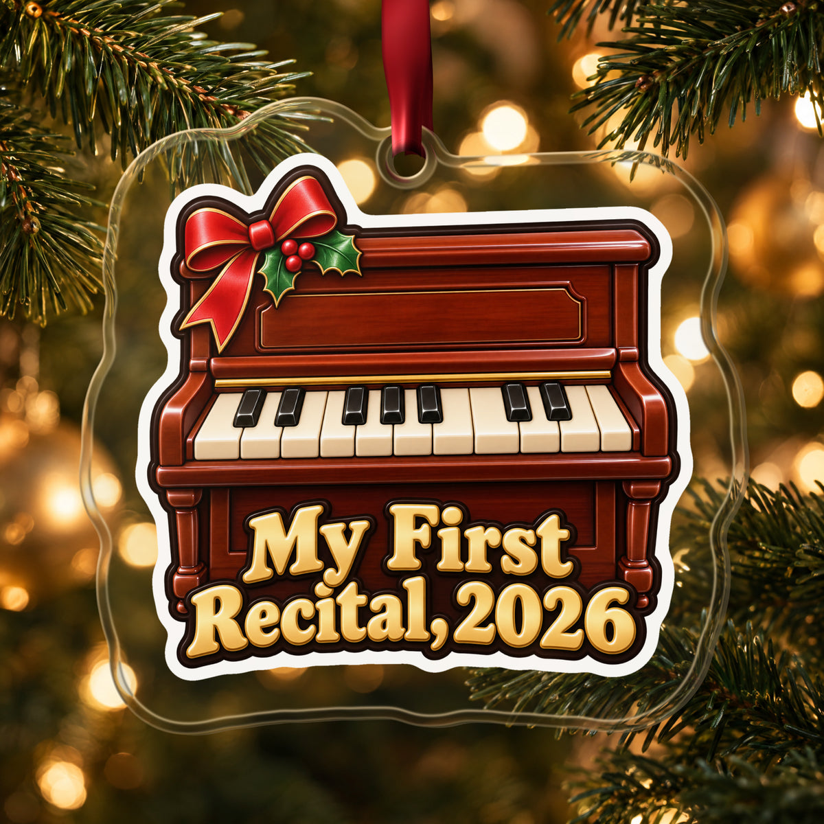 My First Piano Recital 2026 clear acrylic Christmas ornament hanging on a lit Christmas tree with warm gold lights