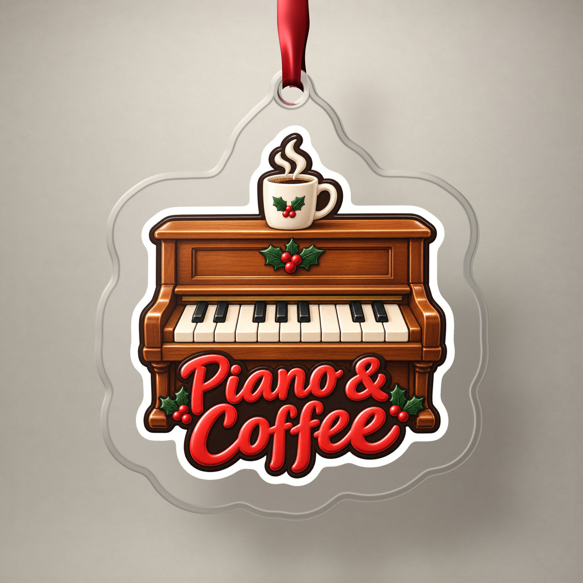 Piano & Coffee Christmas Ornament for Pianists clear acrylic Christmas ornament on a plain studio backdrop with its red ribbon