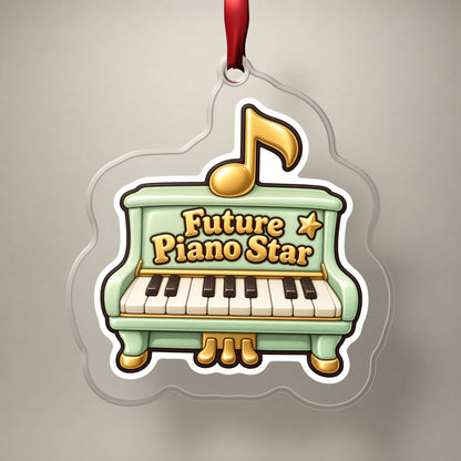 Future Piano Star clear acrylic Christmas ornament on a plain studio backdrop with its red ribbon