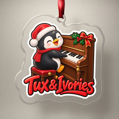 Tux & Ivories Penguin Piano clear acrylic Christmas ornament on a plain studio backdrop with its red ribbon