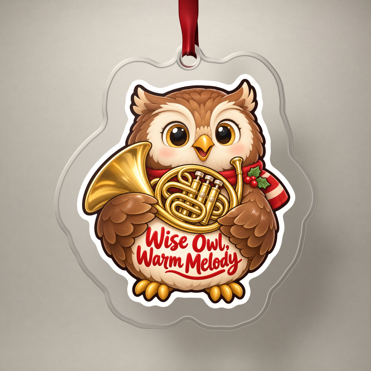 Wise Owl, Warm Melody French Horn clear acrylic Christmas ornament on a plain studio backdrop with its red ribbon