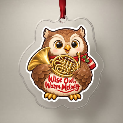 Wise Owl, Warm Melody French Horn clear acrylic Christmas ornament on a plain studio backdrop with its red ribbon