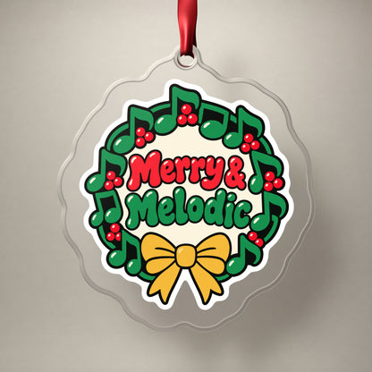 Merry & Melodic Music Note Wreath clear acrylic Christmas ornament on a plain studio backdrop with its red ribbon