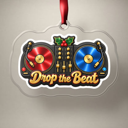 Drop the Beat DJ Turntables clear acrylic Christmas ornament on a plain studio backdrop with its red ribbon