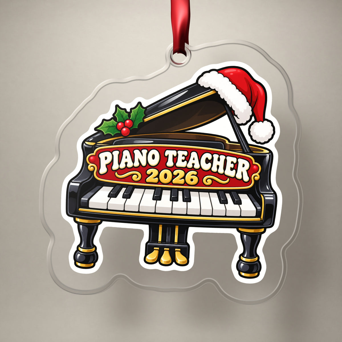 Piano Teacher 2026 clear acrylic Christmas ornament on a plain studio backdrop with its red ribbon