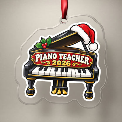 Piano Teacher 2026 clear acrylic Christmas ornament on a plain studio backdrop with its red ribbon