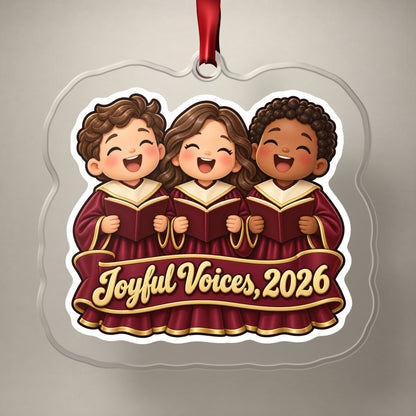 Joyful Voices 2026 Choir clear acrylic Christmas ornament on a plain studio backdrop with its red ribbon
