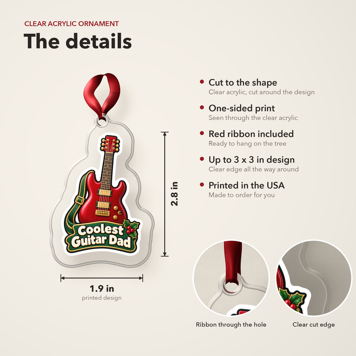 Coolest Guitar Dad clear acrylic Christmas ornament details card: size, clear acrylic, ribbon included, printed in the USA