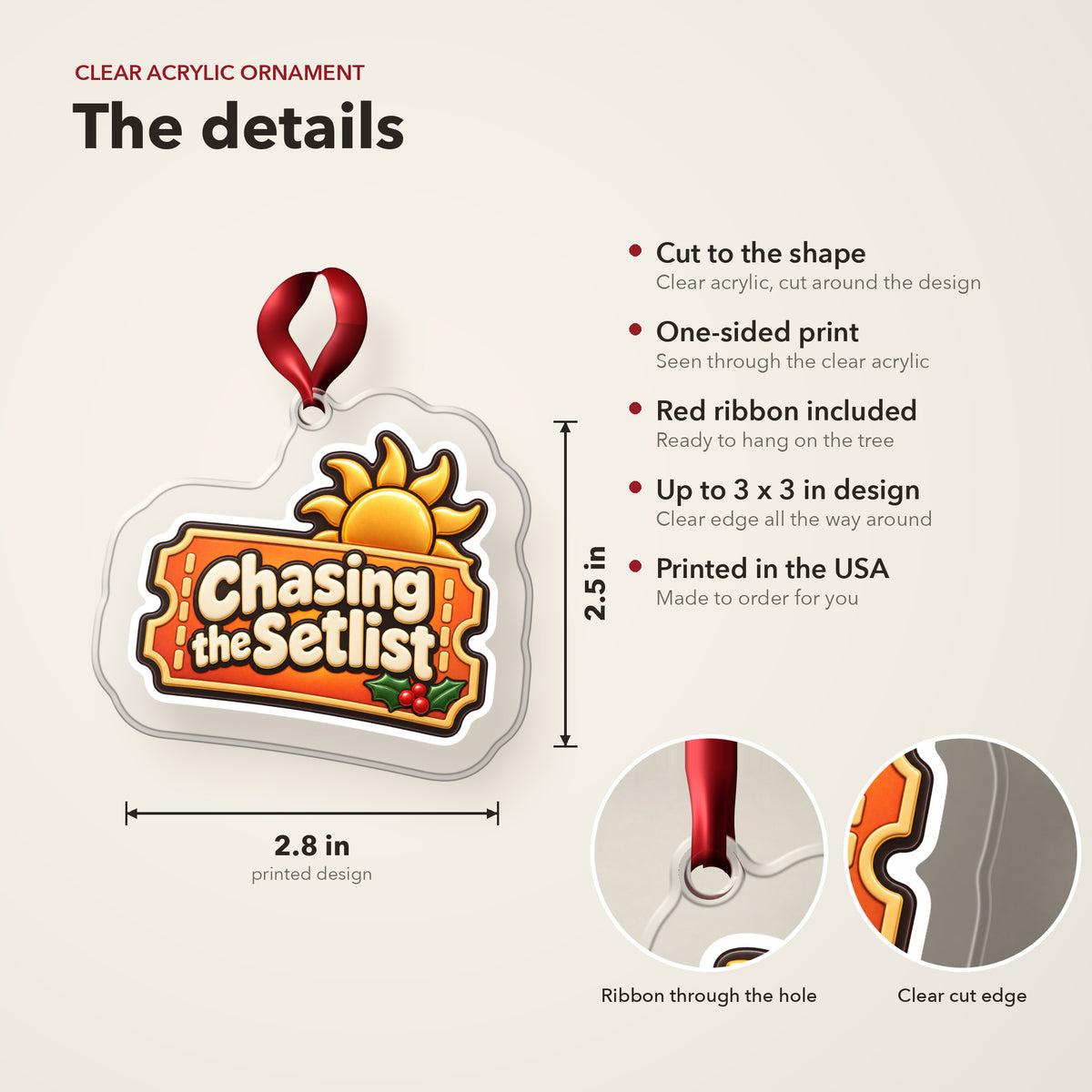 Chasing the Setlist Festival Ticket clear acrylic Christmas ornament details card: size, clear acrylic, ribbon included, printed in the USA