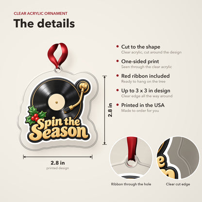 Spin the Season Vinyl Record clear acrylic Christmas ornament details card: size, clear acrylic, ribbon included, printed in the USA