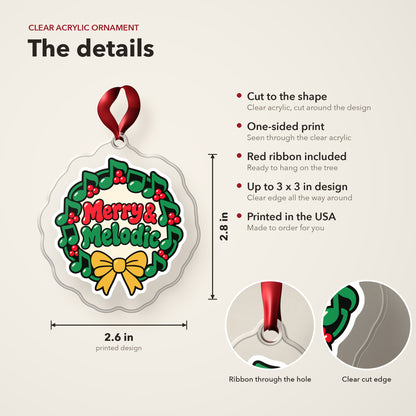 Merry & Melodic Music Note Wreath clear acrylic Christmas ornament details card: size, clear acrylic, ribbon included, printed in the USA