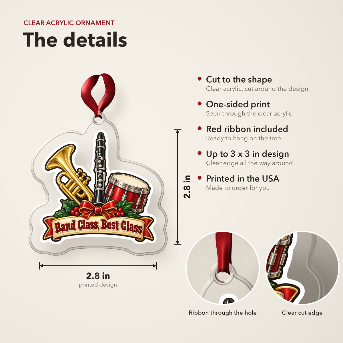 Band Class, Best Class School Band clear acrylic Christmas ornament details card: size, clear acrylic, ribbon included, printed in the USA
