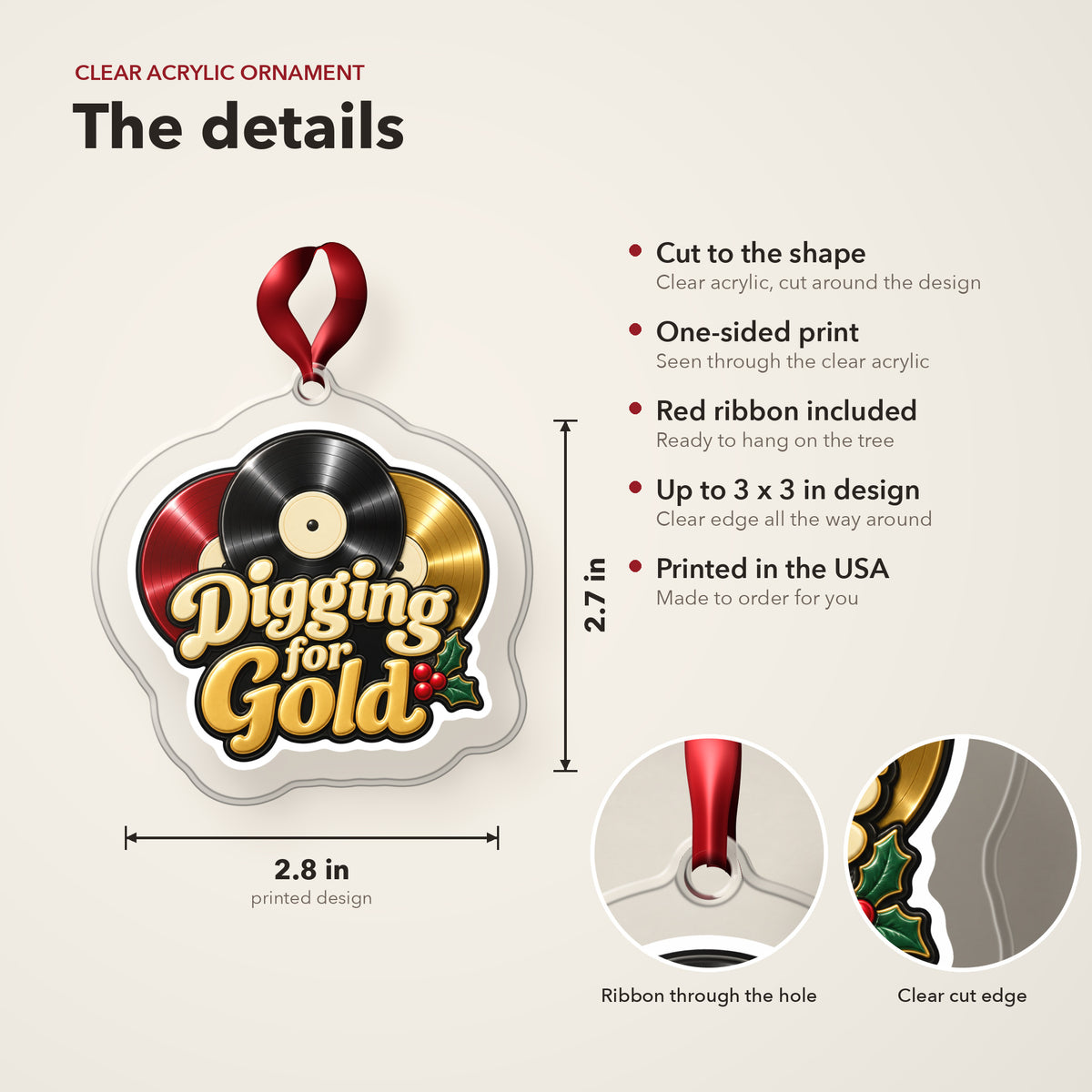 Digging for Gold Vinyl Records clear acrylic Christmas ornament details card: size, clear acrylic, ribbon included, printed in the USA
