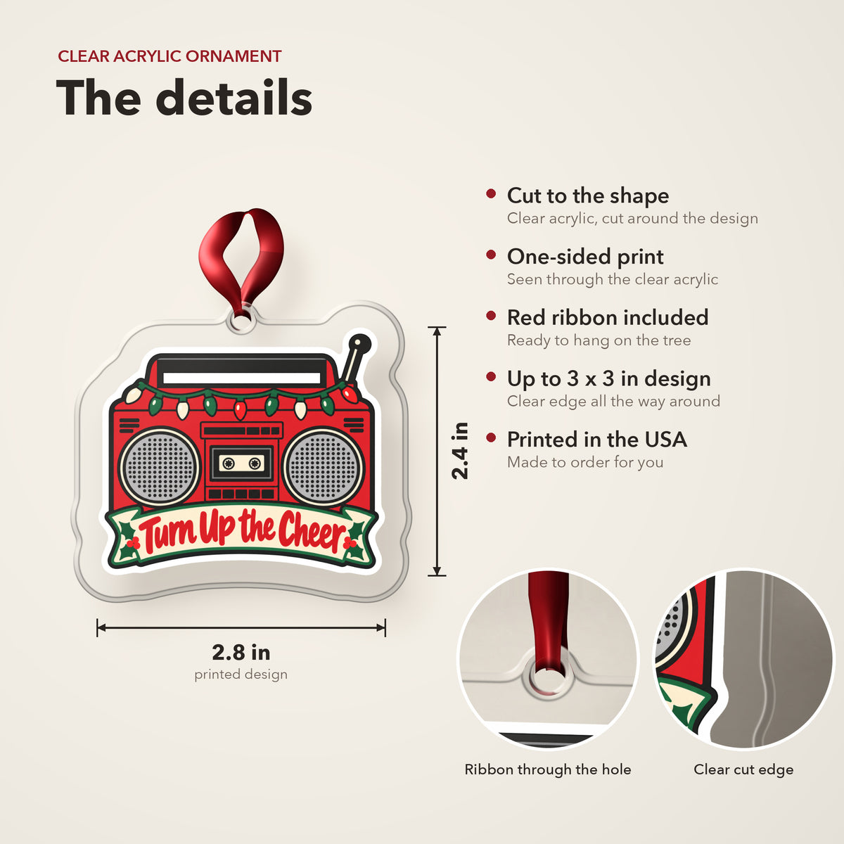 Turn Up the Cheer Boombox clear acrylic Christmas ornament details card: size, clear acrylic, ribbon included, printed in the USA
