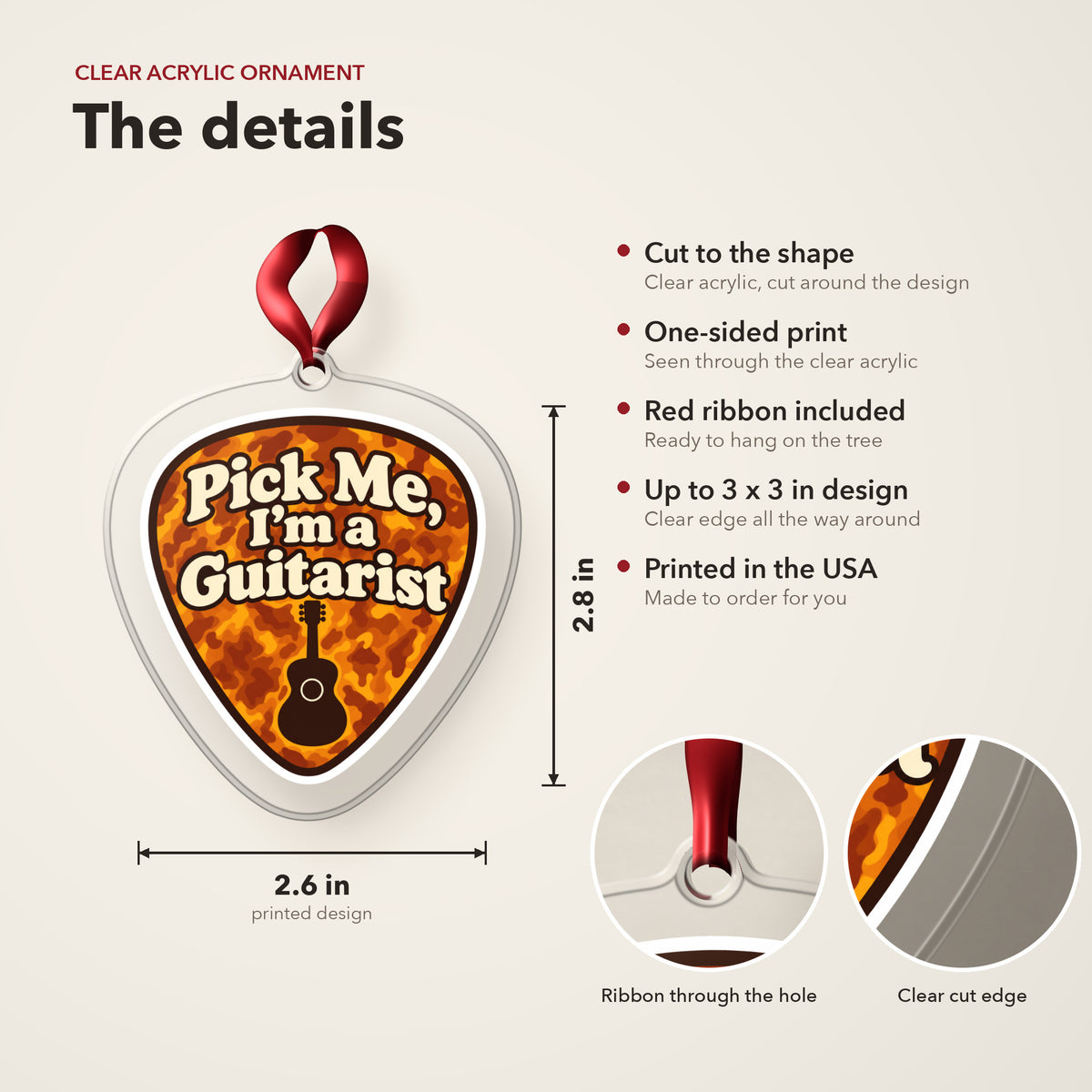 Pick Me, I'm a Guitarist Guitar Pick clear acrylic Christmas ornament details card: size, clear acrylic, ribbon included, printed in the USA