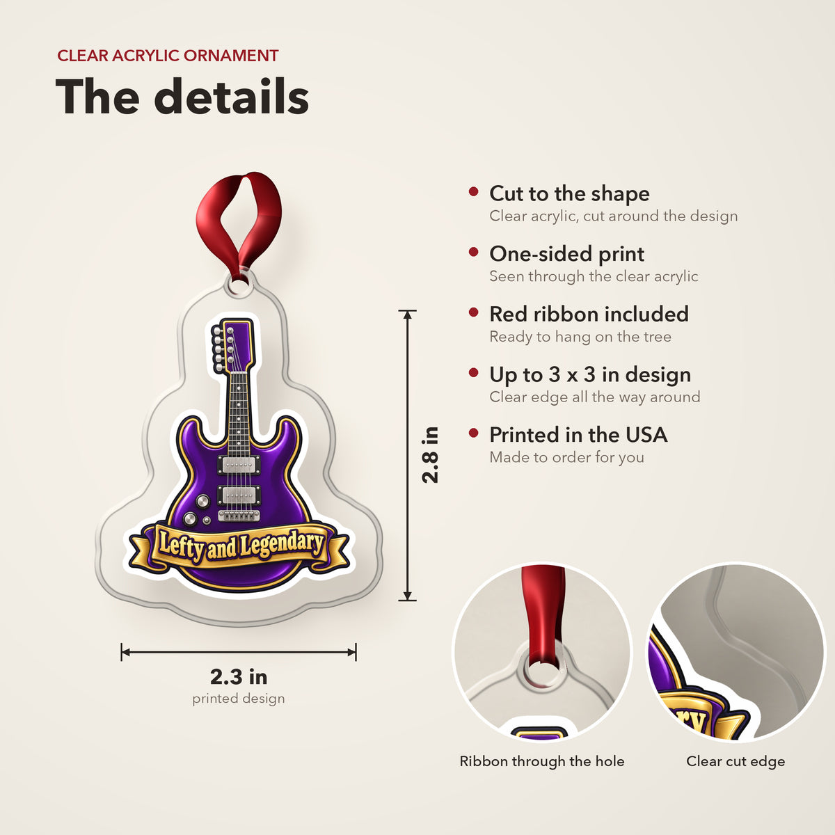 Lefty and Legendary Electric Guitar clear acrylic Christmas ornament details card: size, clear acrylic, ribbon included, printed in the USA