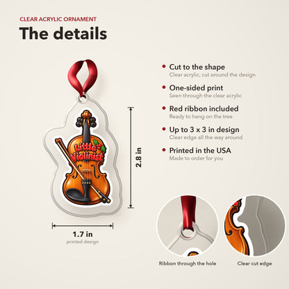 Little Violinist clear acrylic Christmas ornament details card: size, clear acrylic, ribbon included, printed in the USA