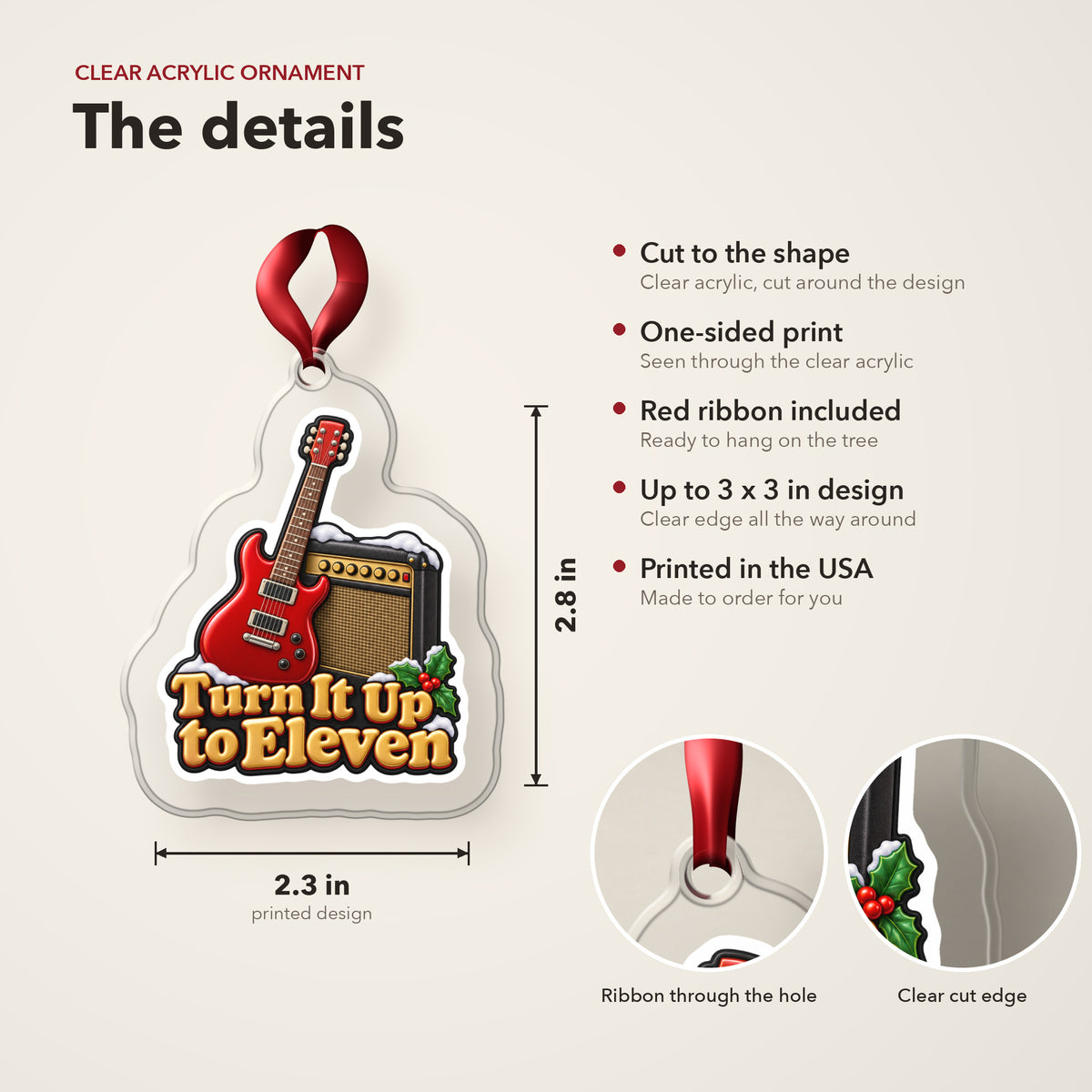 Turn It Up to Eleven Guitar and Amp clear acrylic Christmas ornament details card: size, clear acrylic, ribbon included, printed in the USA