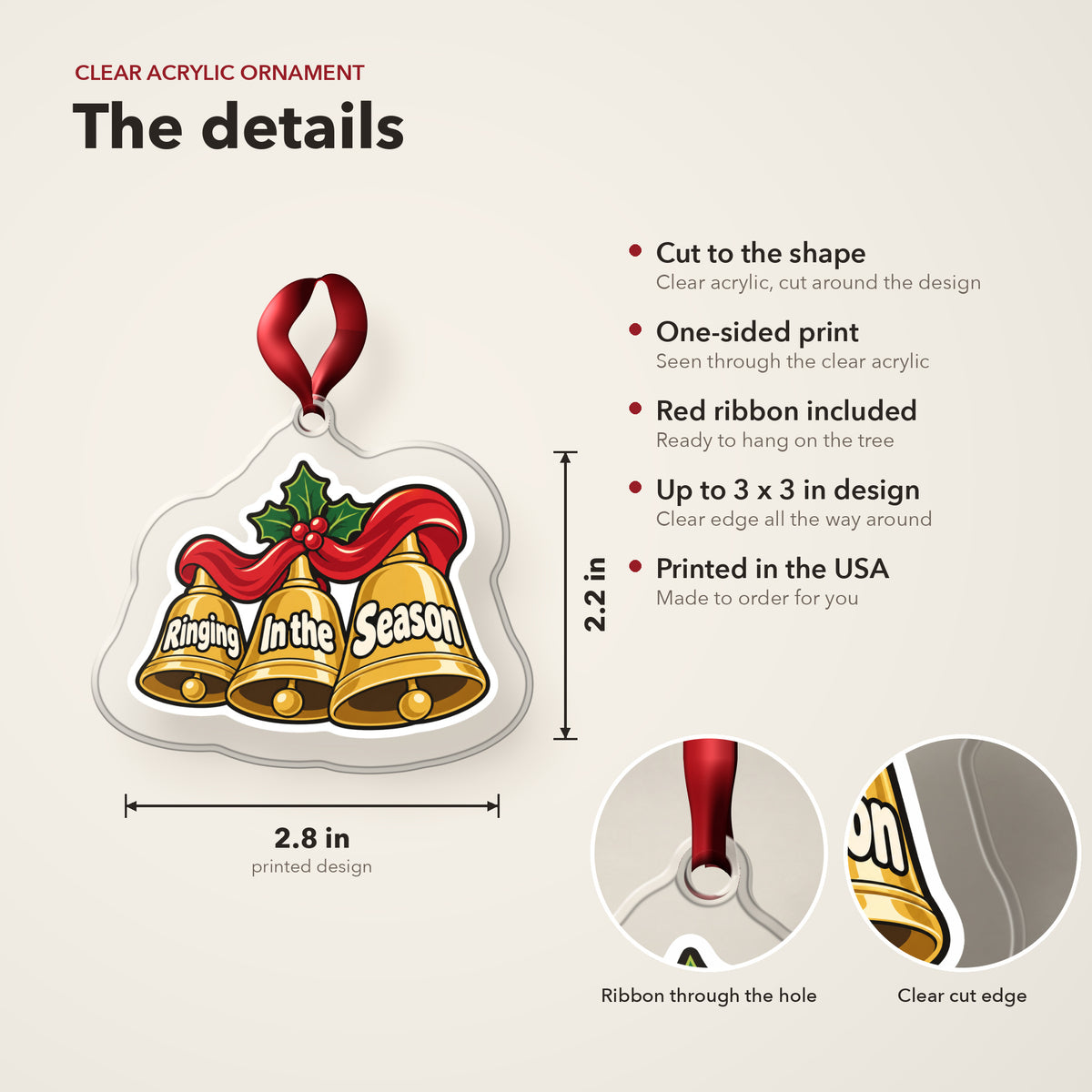 Ringing In the Season Handbells clear acrylic Christmas ornament details card: size, clear acrylic, ribbon included, printed in the USA