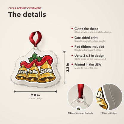 Ringing In the Season Handbells clear acrylic Christmas ornament details card: size, clear acrylic, ribbon included, printed in the USA