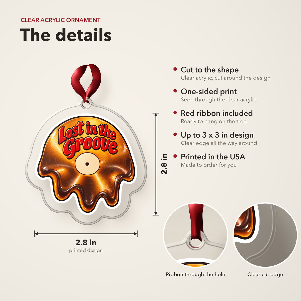 Lost in the Groove Melting Vinyl clear acrylic Christmas ornament details card: size, clear acrylic, ribbon included, printed in the USA