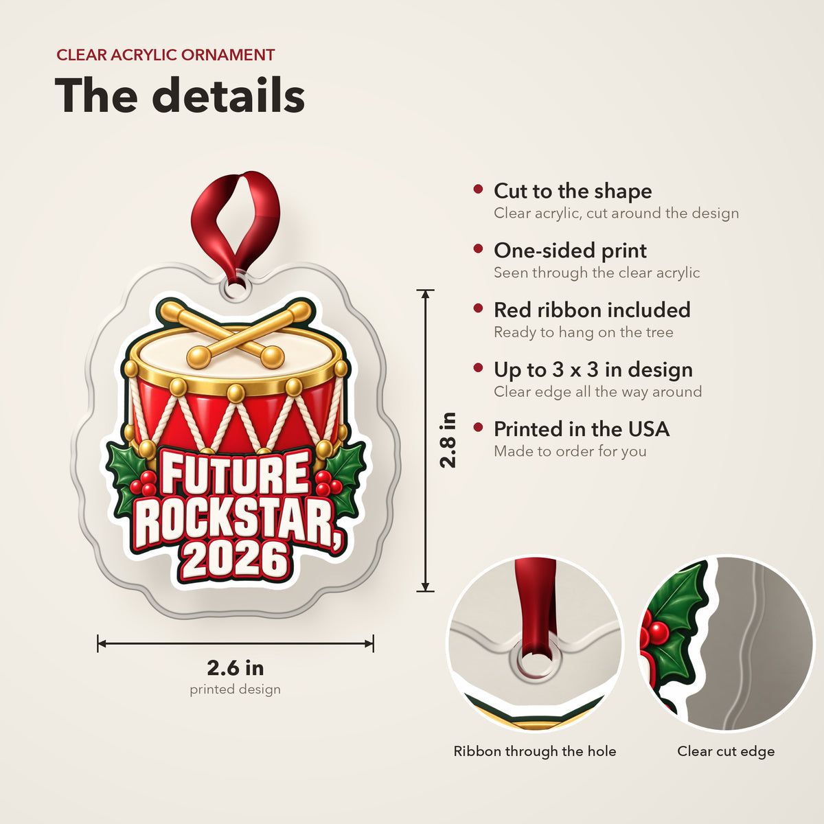 Future Rockstar 2026 Toy Drum clear acrylic Christmas ornament details card: size, clear acrylic, ribbon included, printed in the USA