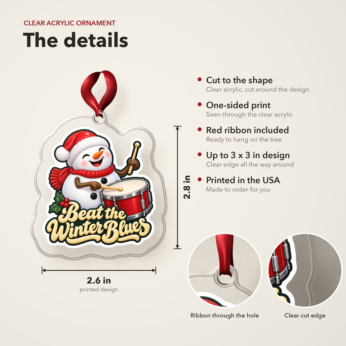 Beat the Winter Blues Snowman Drummer clear acrylic Christmas ornament details card: size, clear acrylic, ribbon included, printed in the USA