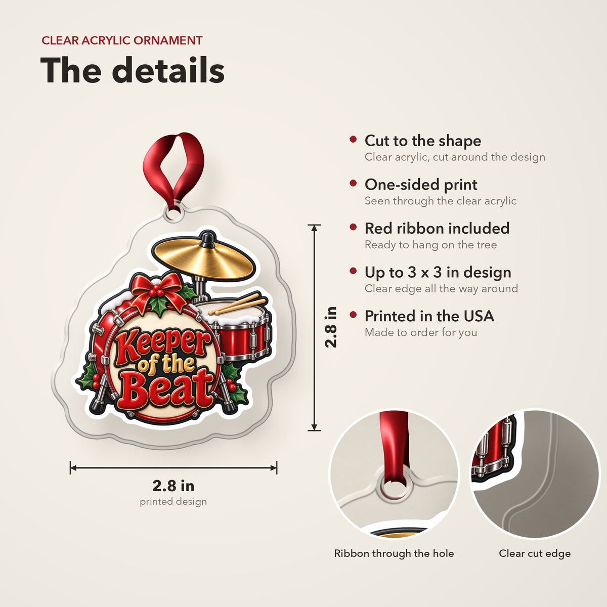 Keeper of the Beat Drum Kit clear acrylic Christmas ornament details card: size, clear acrylic, ribbon included, printed in the USA