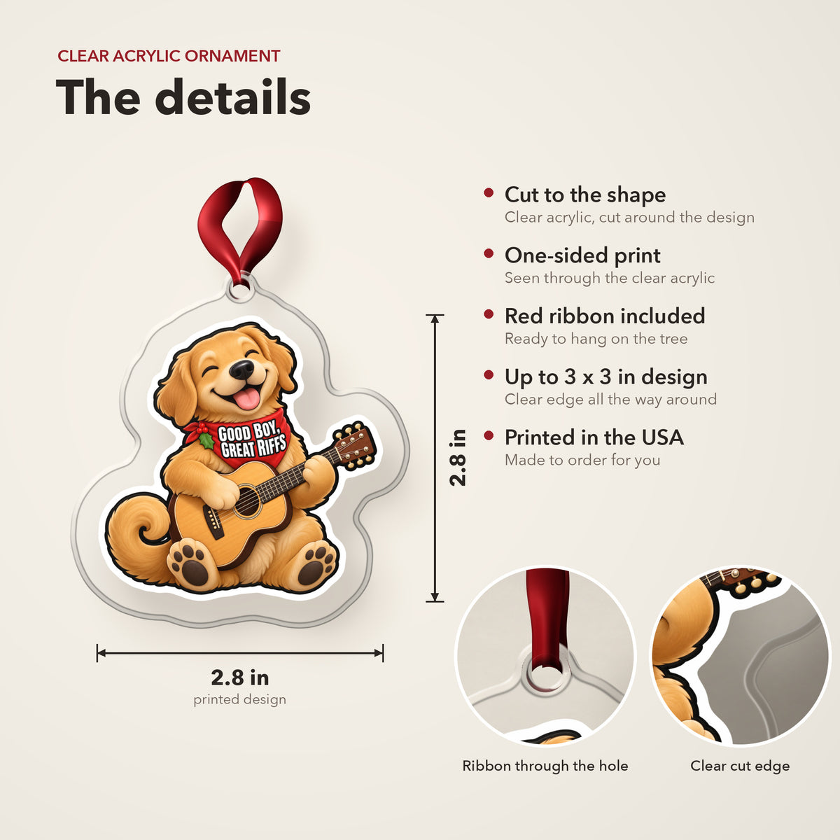 Good Boy, Great Riffs Dog Guitar clear acrylic Christmas ornament details card: size, clear acrylic, ribbon included, printed in the USA