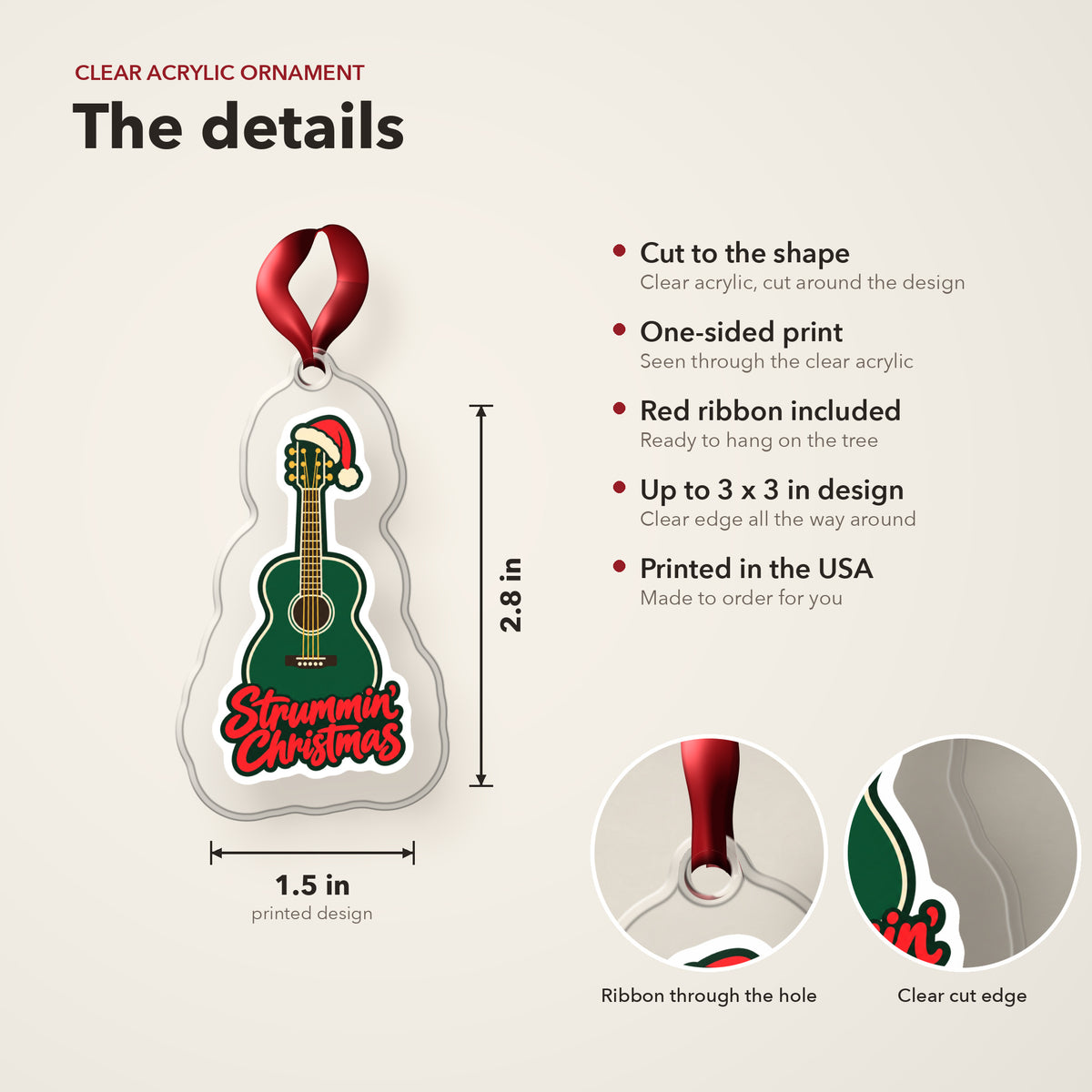 Strummin' Christmas Acoustic Guitar clear acrylic Christmas ornament details card: size, clear acrylic, ribbon included, printed in the USA