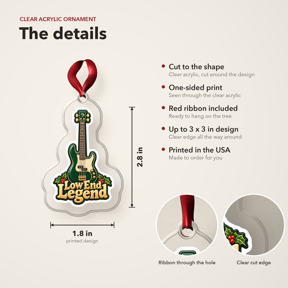 Low End Legend Bass Guitar clear acrylic Christmas ornament details card: size, clear acrylic, ribbon included, printed in the USA