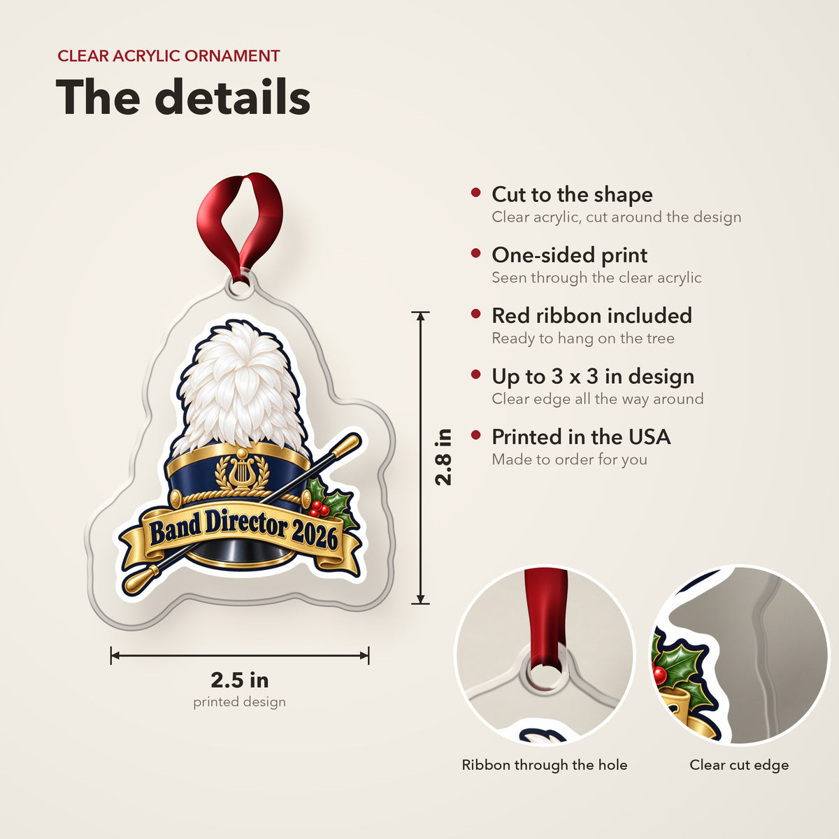 Band Director 2026 clear acrylic Christmas ornament details card: size, clear acrylic, ribbon included, printed in the USA