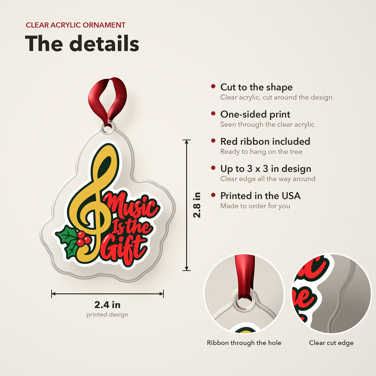 Music Is the Gift Treble Clef clear acrylic Christmas ornament details card: size, clear acrylic, ribbon included, printed in the USA
