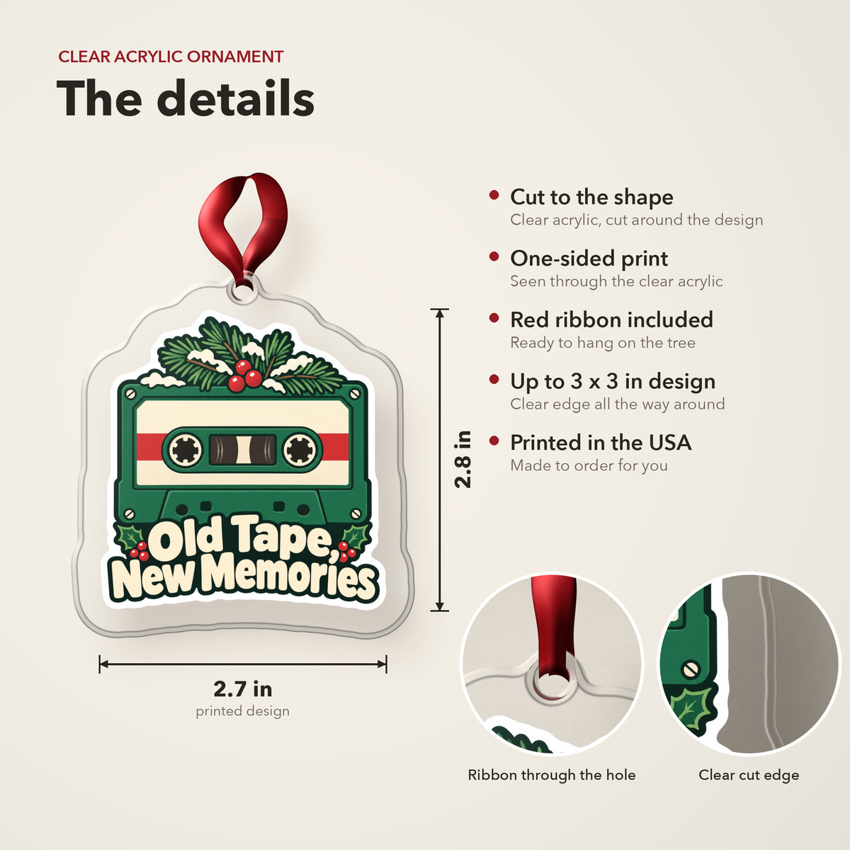 Old Tape, New Memories Cassette clear acrylic Christmas ornament details card: size, clear acrylic, ribbon included, printed in the USA