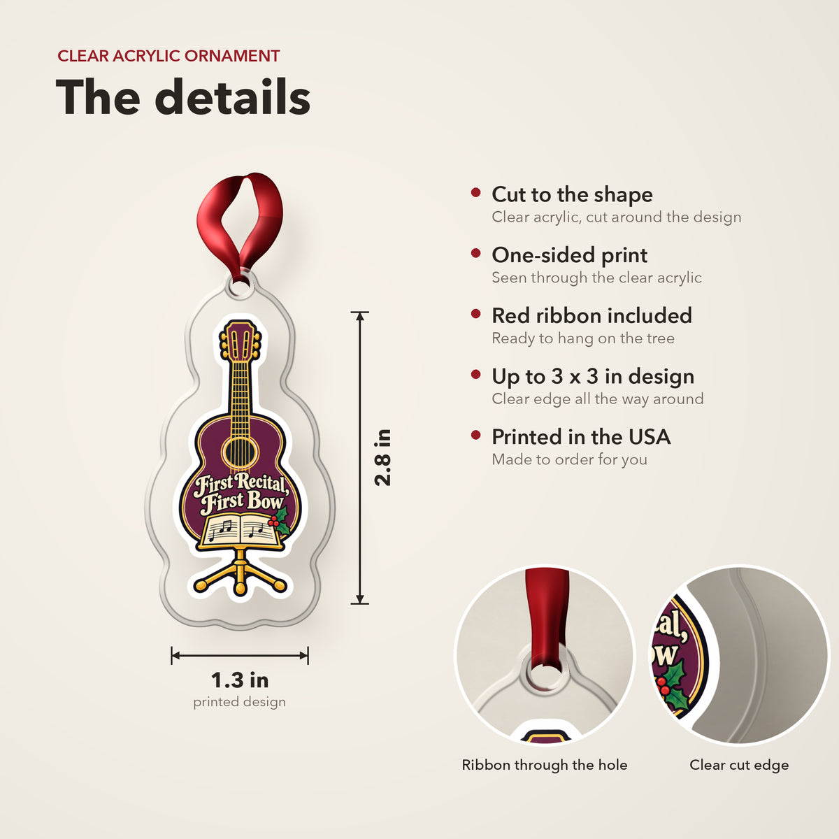 First Recital Acoustic Guitar clear acrylic Christmas ornament details card: size, clear acrylic, ribbon included, printed in the USA
