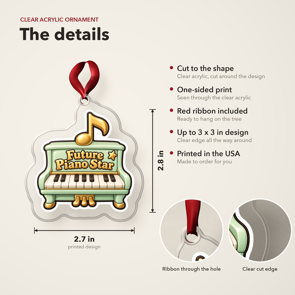 Future Piano Star clear acrylic Christmas ornament details card: size, clear acrylic, ribbon included, printed in the USA