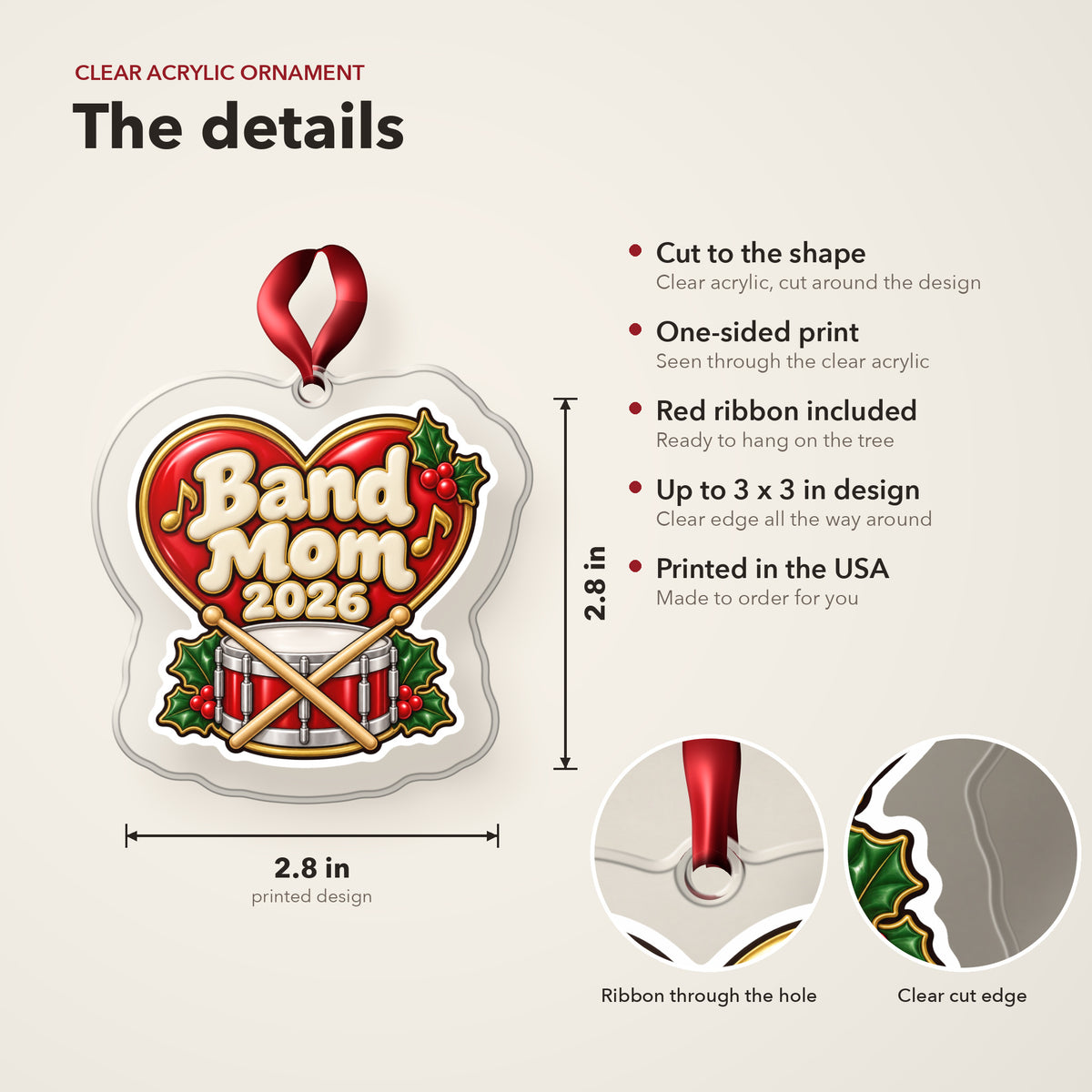 Band Mom 2026 clear acrylic Christmas ornament details card: size, clear acrylic, ribbon included, printed in the USA