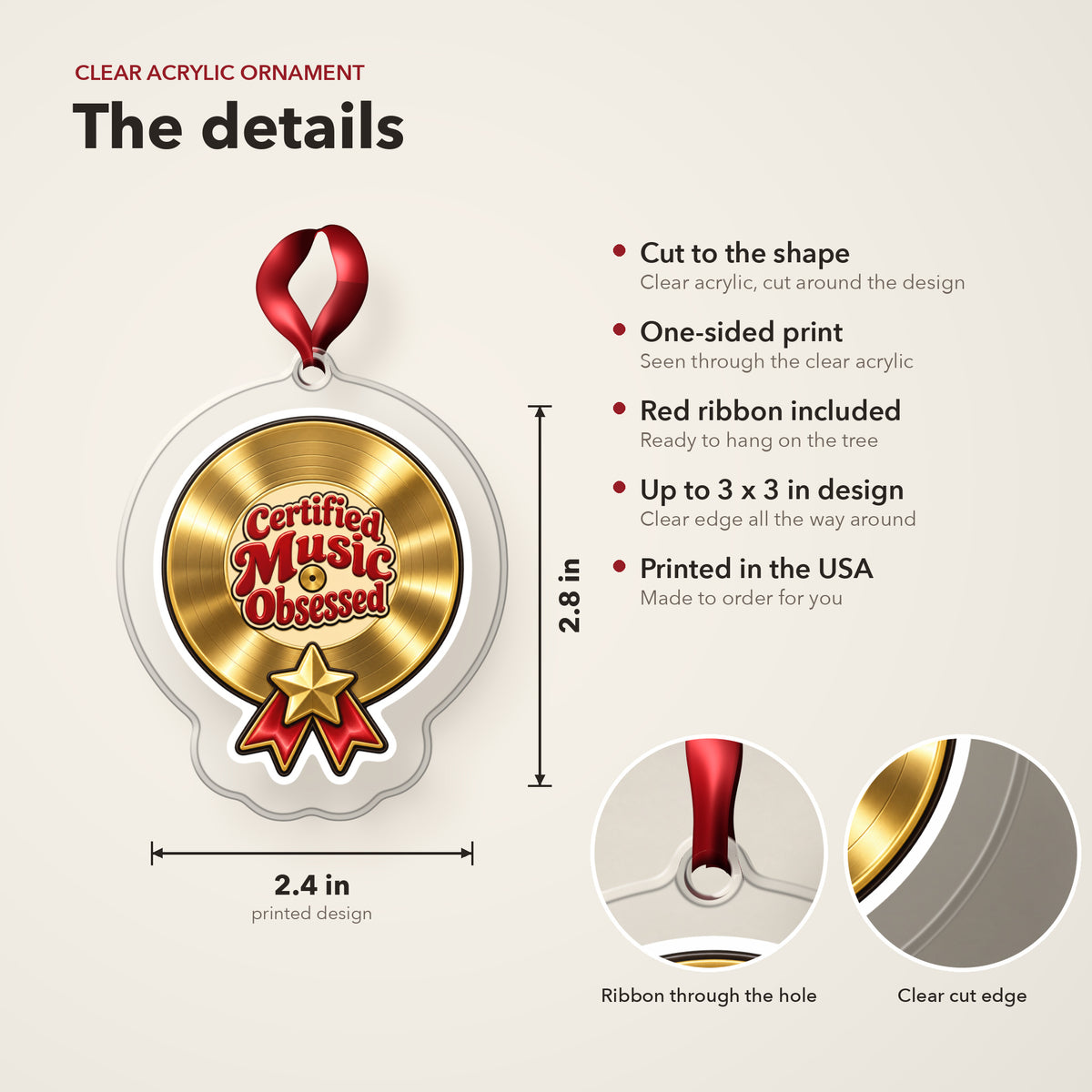 Certified Music Obsessed Gold Record clear acrylic Christmas ornament details card: size, clear acrylic, ribbon included, printed in the USA